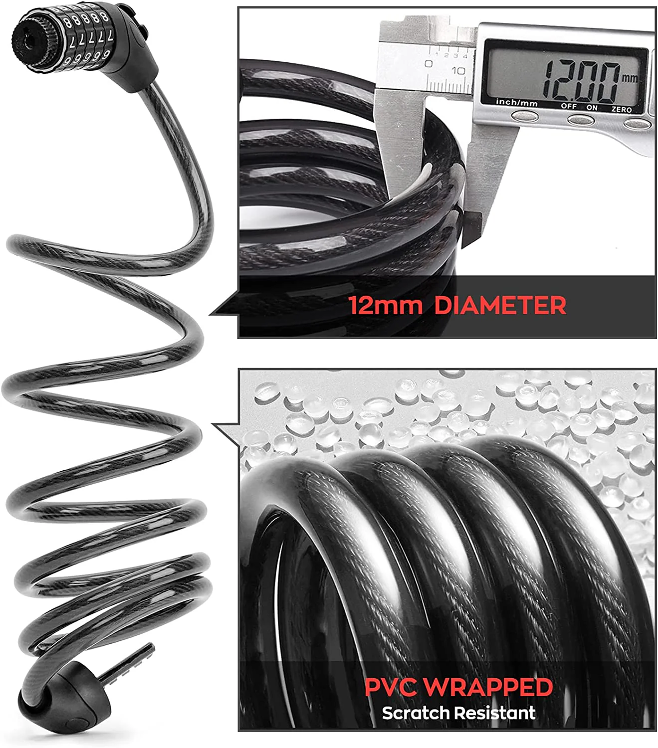Scooter Lock Cable Bicycle Combination Locks Coiled Chain Lock Basic Self Coiling Core Steel - Image 4